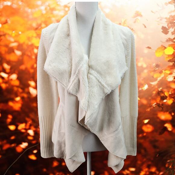 Knox Rose Sweater Jacket Women SMALL Ivory Faux Suede Fur Shearling Open Cardiga - Picture 2 of 15